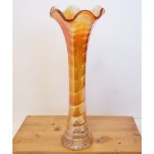 Vintage Imperial Marigold Carnival‎ Amber Gold Ripple Iridescent Vase 11” *READ*
